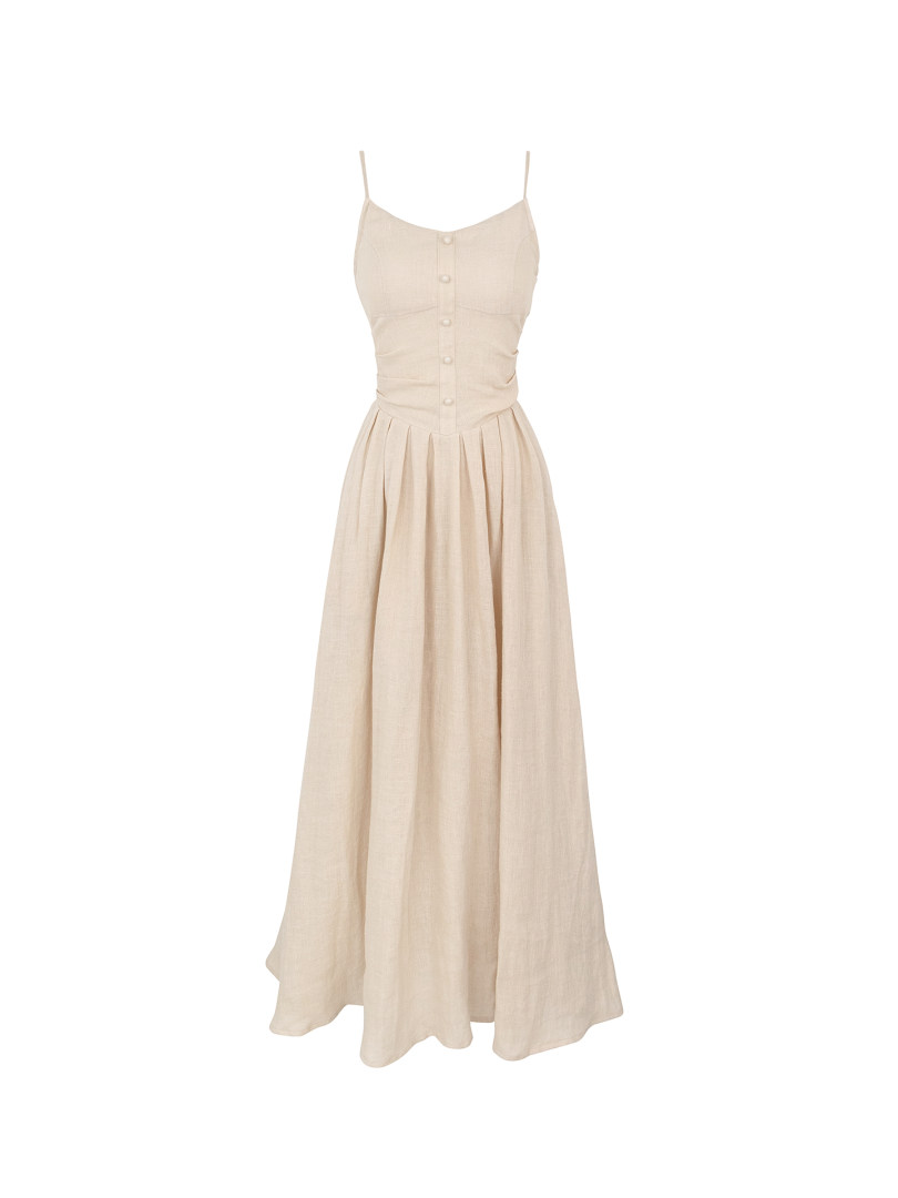 Beige sleeveless maxi dress with button detailing on the bodice