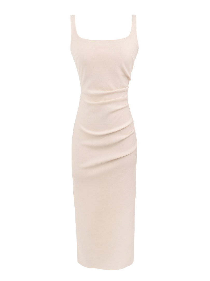 Beige ruched midi dress with square neckline and thin straps