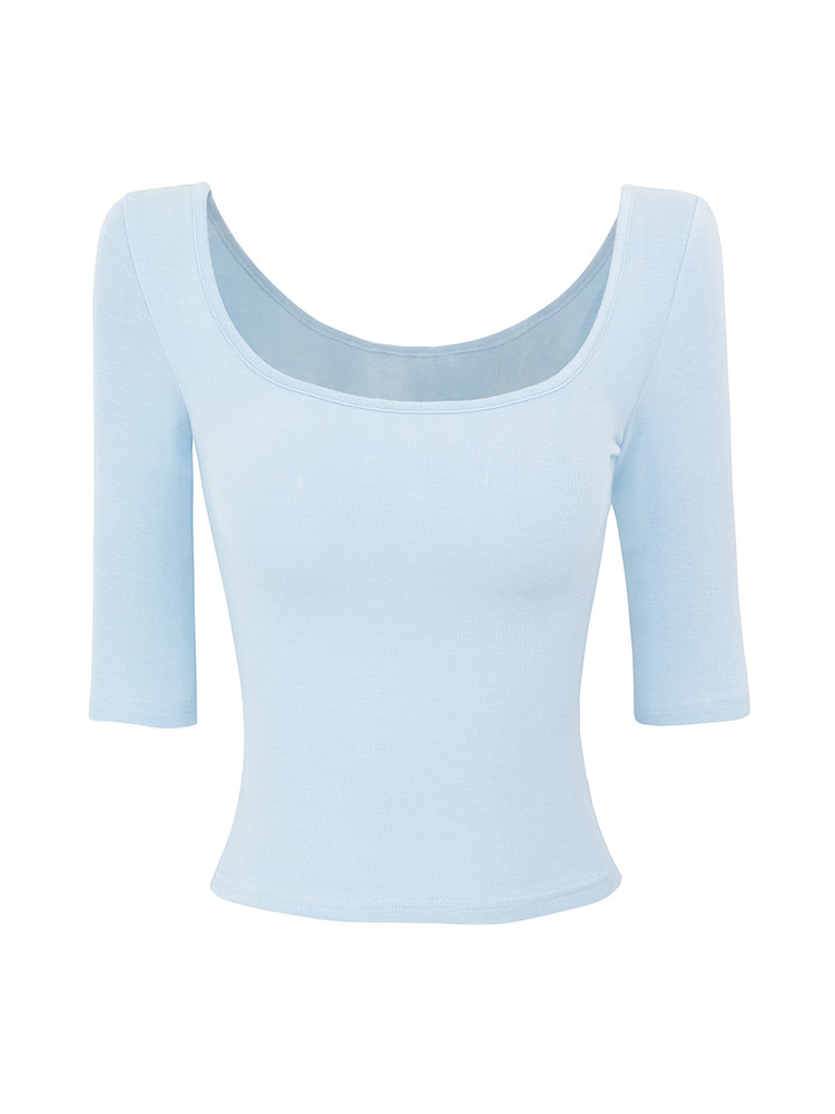 Light blue ribbed crop top with square neckline and 3/4 sleeves