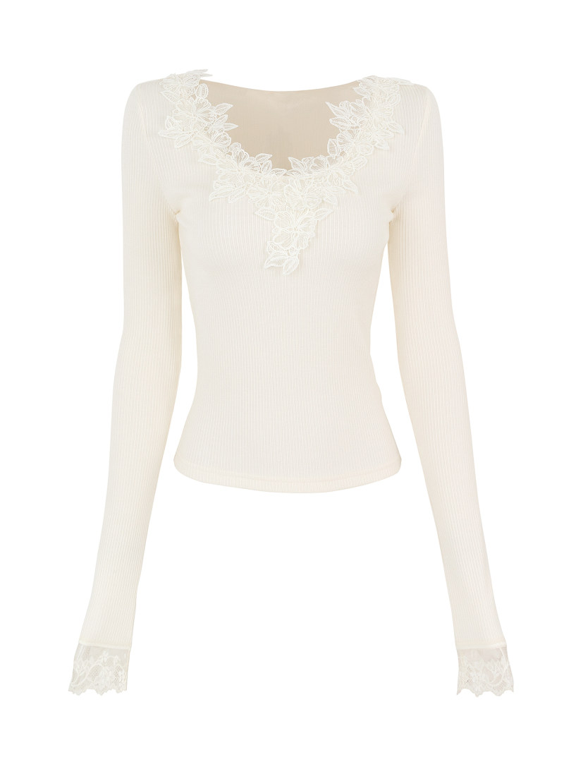 Cream long-sleeve ribbed top with floral lace detailing at neckline and cuffs