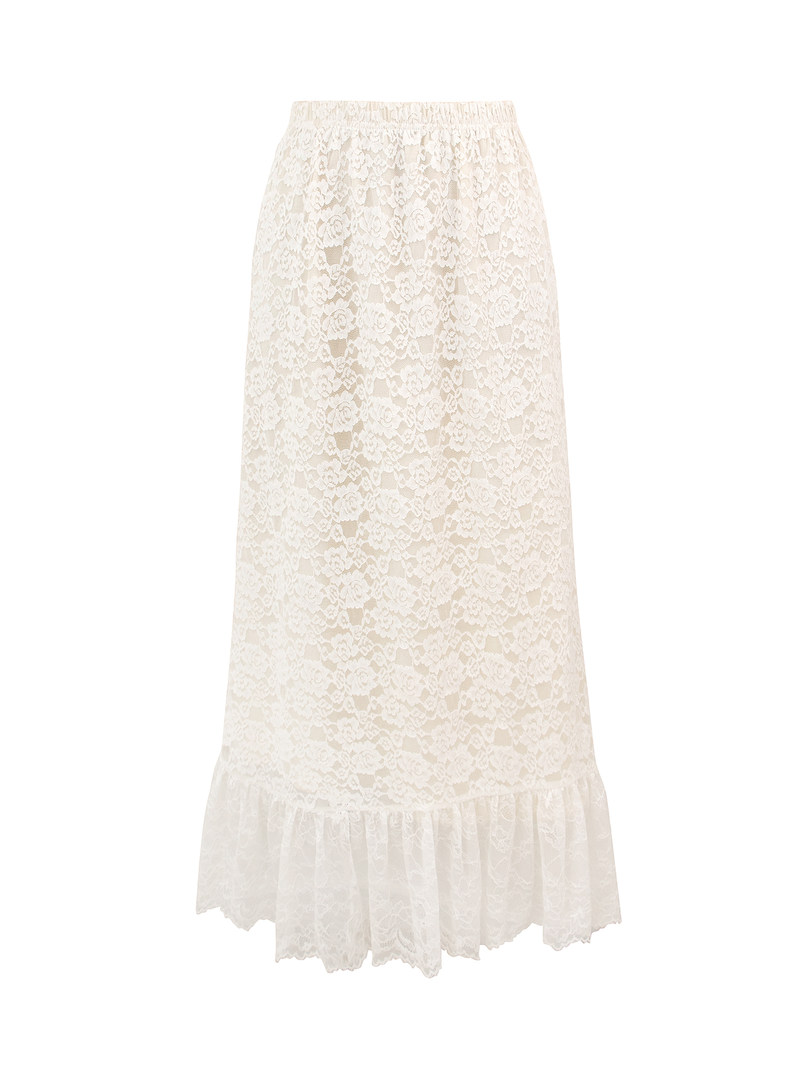 White lace midi skirt with ruffled hem on white background