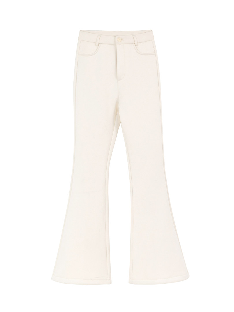 Cream-colored flared pants displayed flat on white background