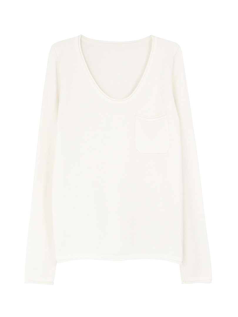Cream long-sleeve V-neck sweater with chest pocket on white background