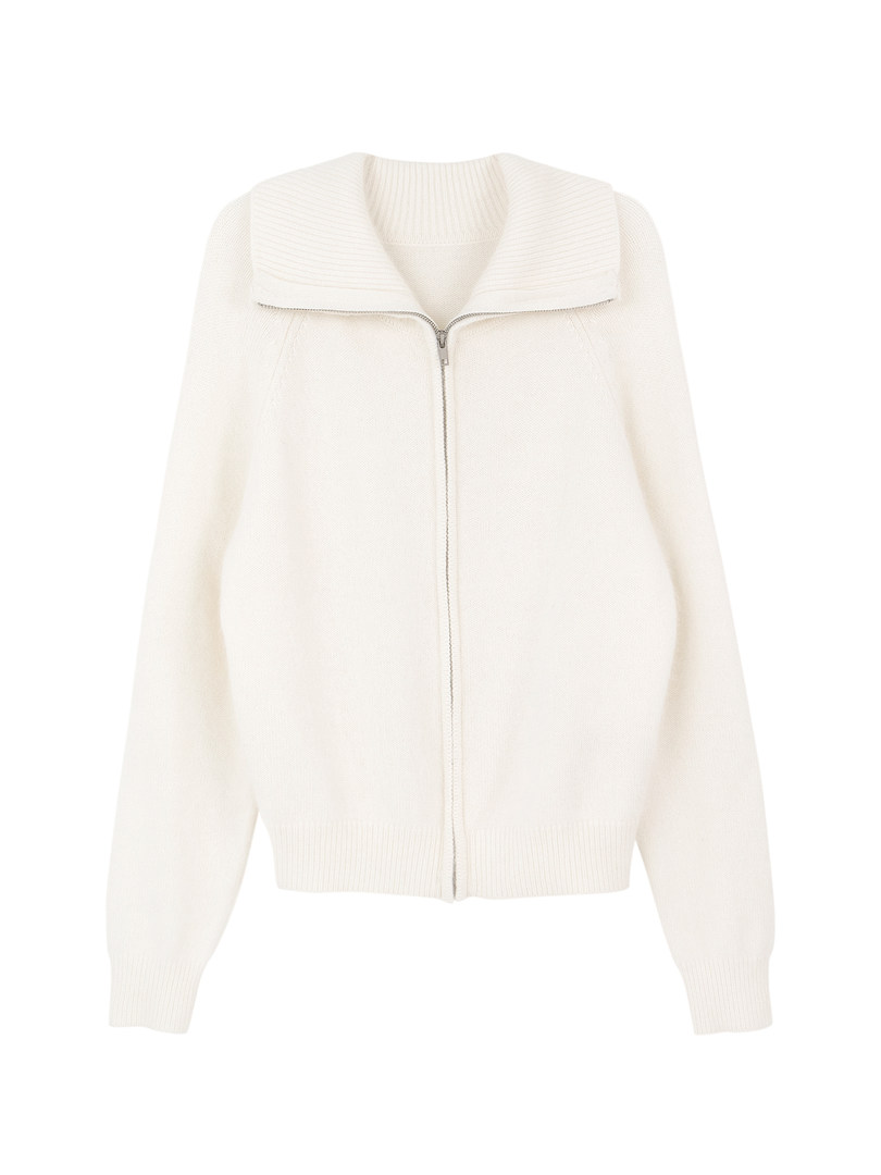 Cream-colored zip-up knit cardigan with ribbed collar and cuffs, displayed flat on white background