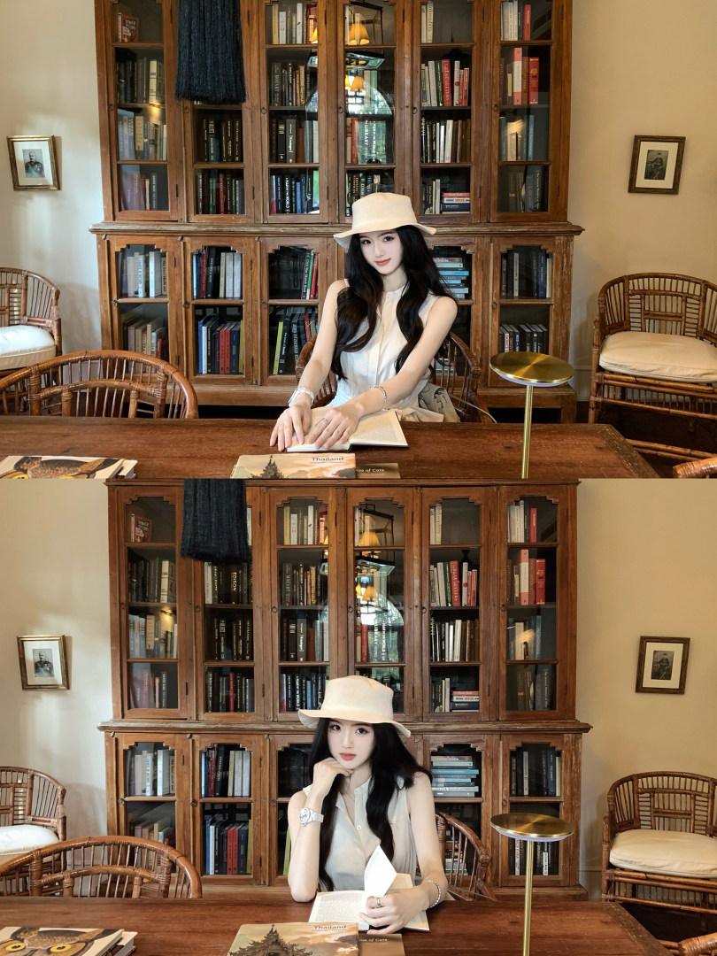 Woman wearing a white sleeveless top and beige hat, seated at a wooden table in a library setting