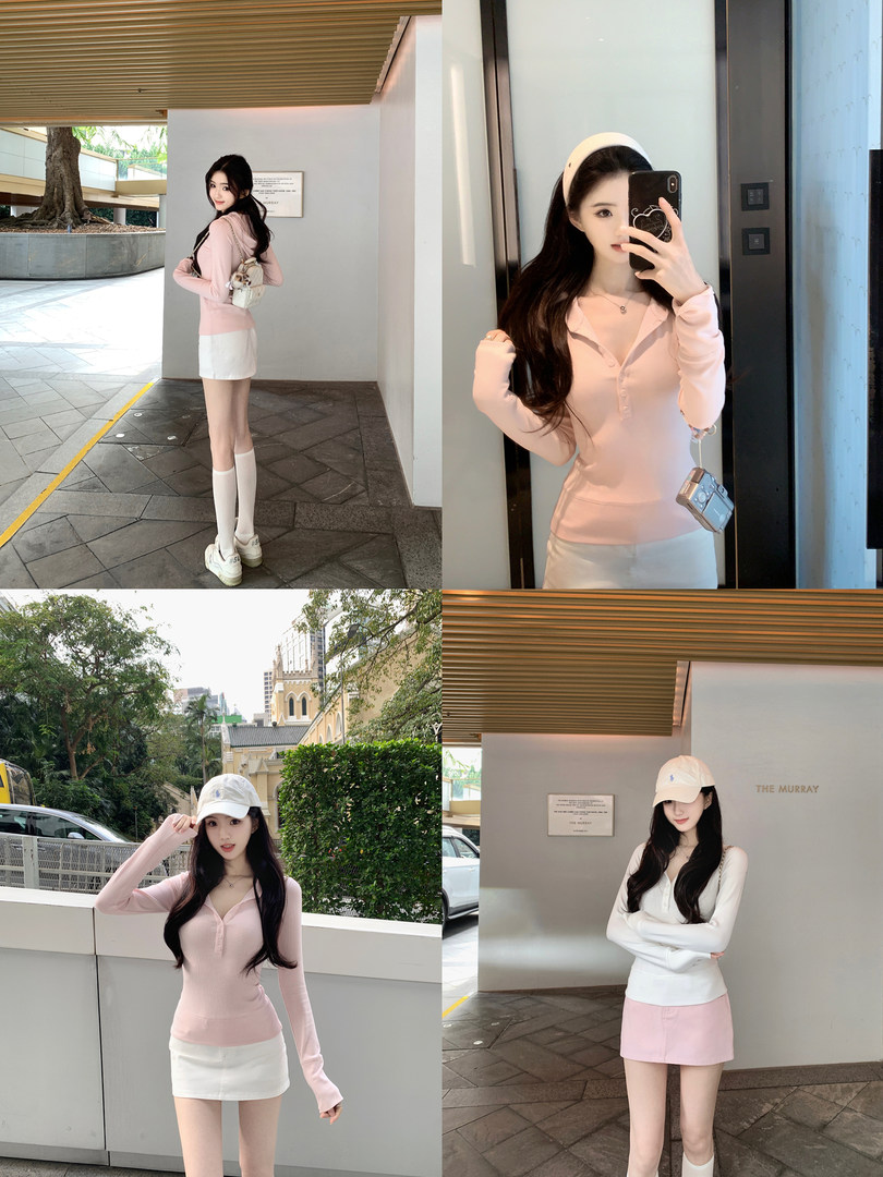 Model wearing pink long-sleeve top and white mini skirt in various poses and settings