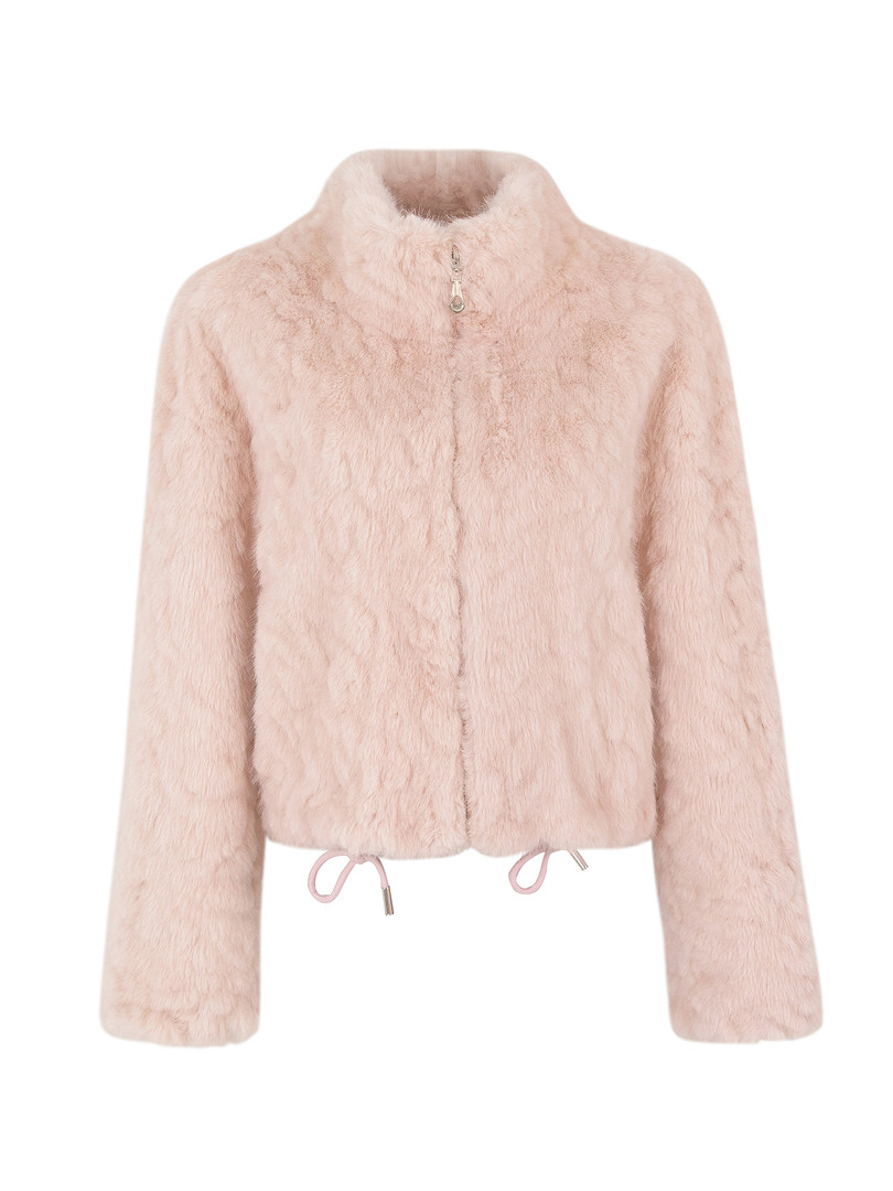 Pink faux fur jacket with zipper and drawstring details