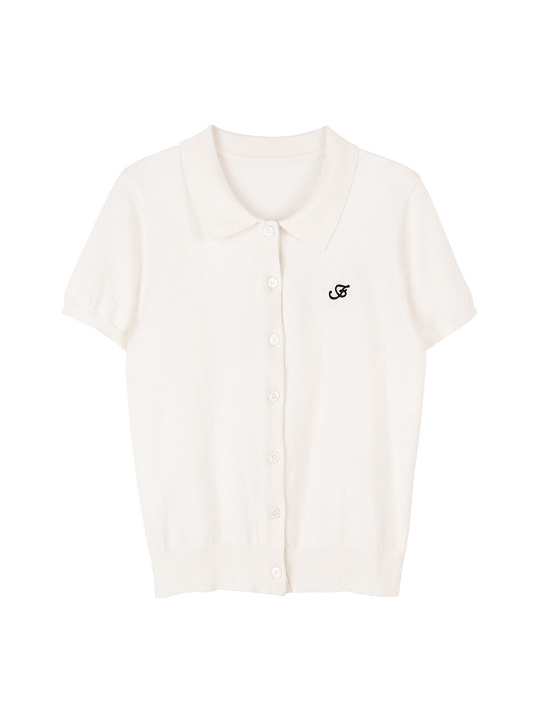 Cream-colored short-sleeve button-up cardigan with small black logo on chest