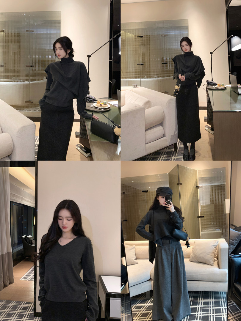 A collage of a woman modeling different outfits featuring dark-colored sweaters and skirts in a modern indoor setting.