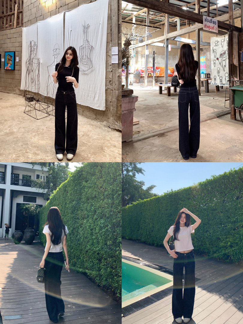 Model wearing black wide-leg jeans and tops in various outdoor settings