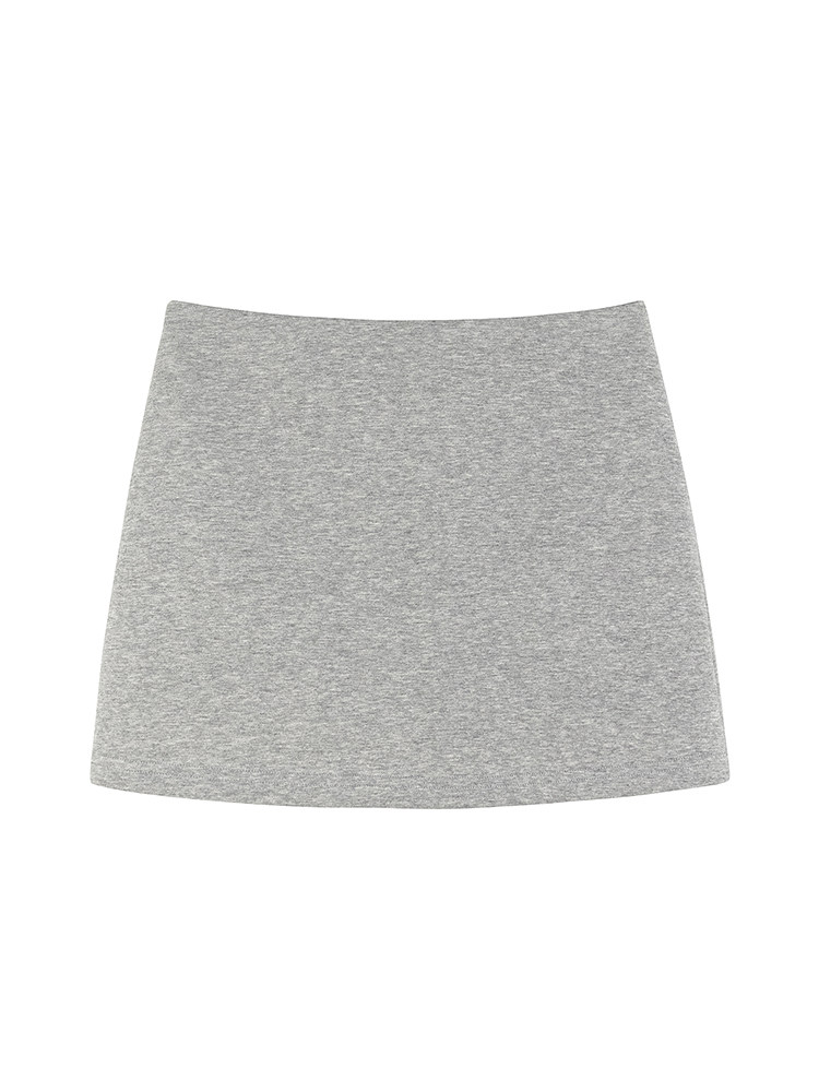 Gray mini skirt laid flat on white background