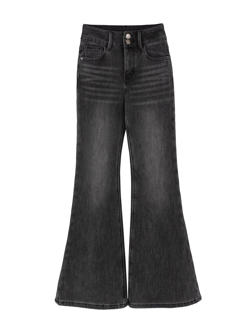 Black flared denim jeans displayed flat on white background