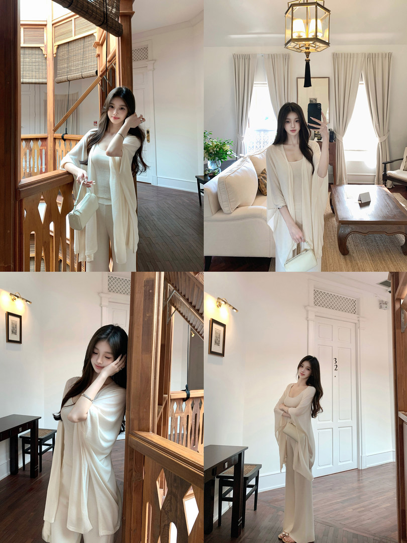 Model wearing a cream-colored outfit in various indoor settings