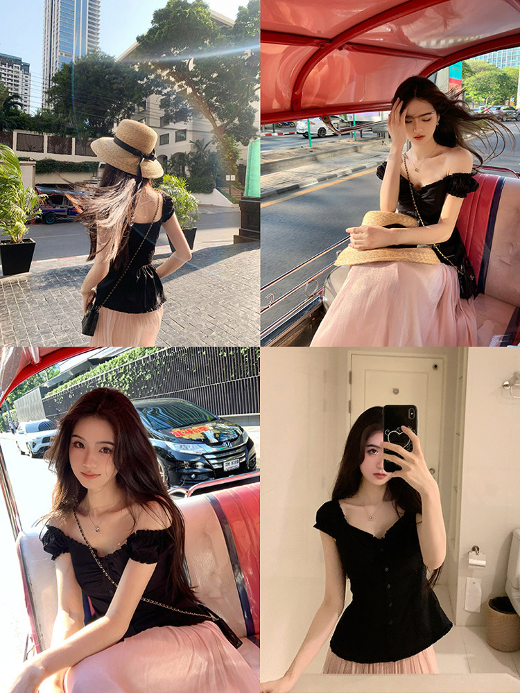 A collage of photos showing a woman wearing a black off-shoulder top and pink skirt in various settings.