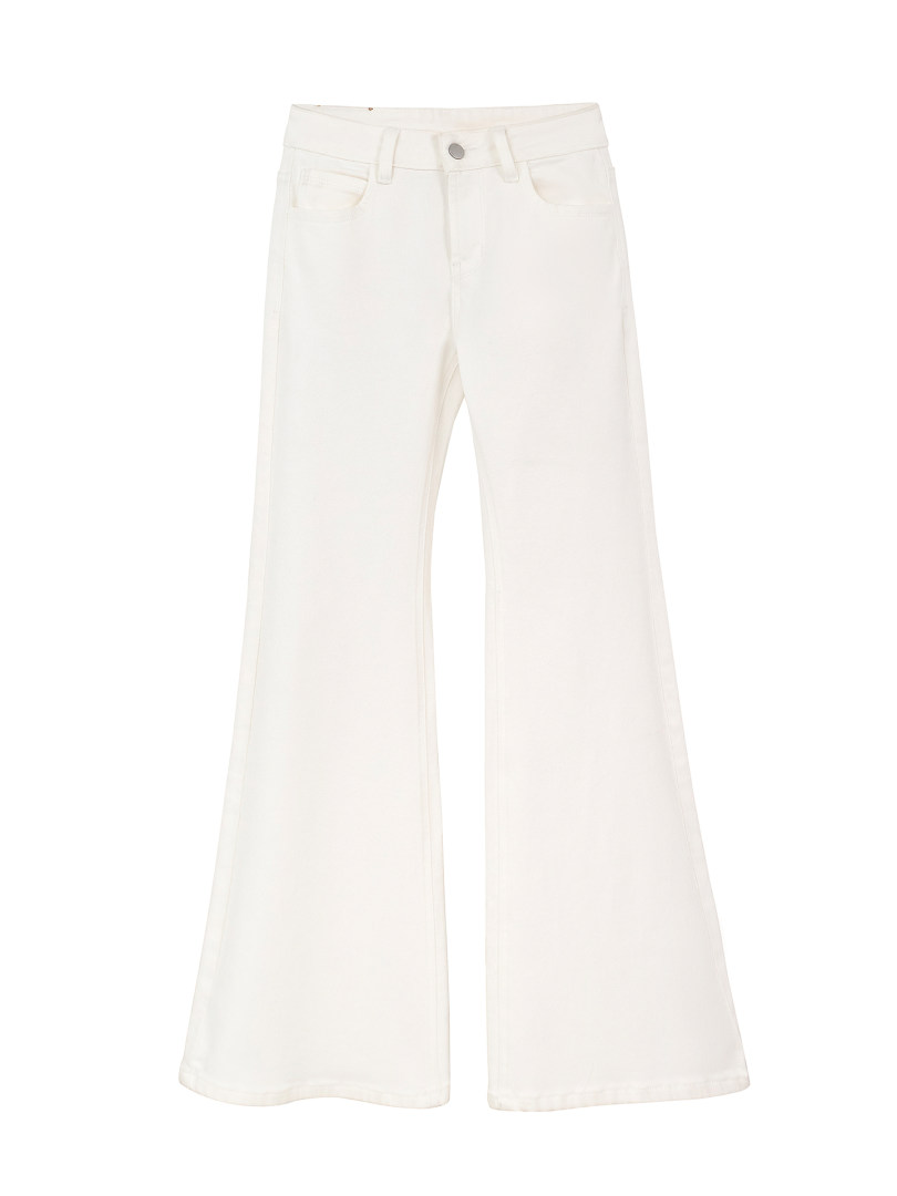 White flared jeans displayed flat on a white background