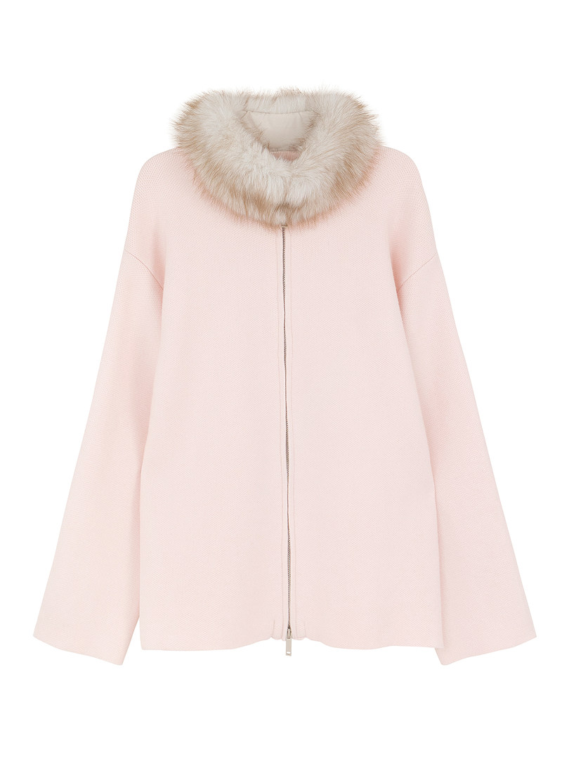 Pink coat with fur collar displayed against white background