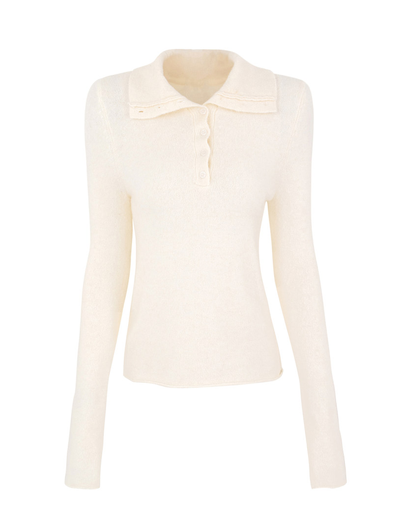 Cream-colored long-sleeve knit polo shirt with button placket
