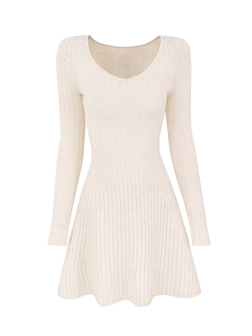 Cream ribbed knit dress with long sleeves and a flared hem