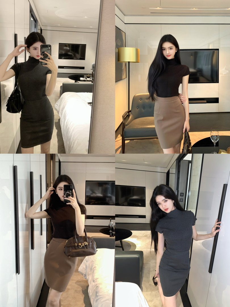 Woman modeling a black ribbed turtleneck top and pencil skirt in various poses in a modern room.