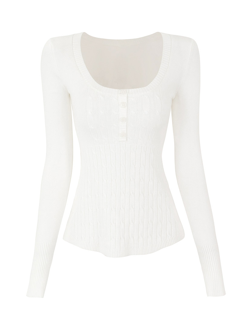White cable-knit long-sleeve sweater with button detail