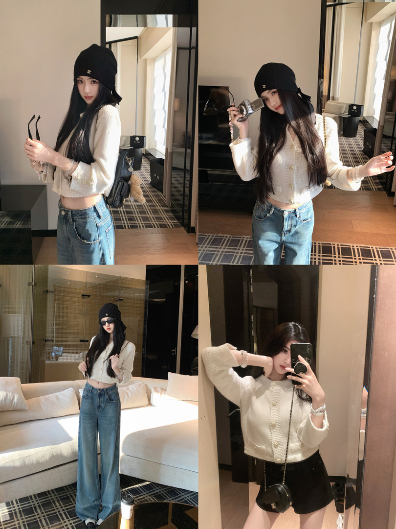 Model wearing a cream knit cardigan, black beanie, and denim pants in various poses indoors.