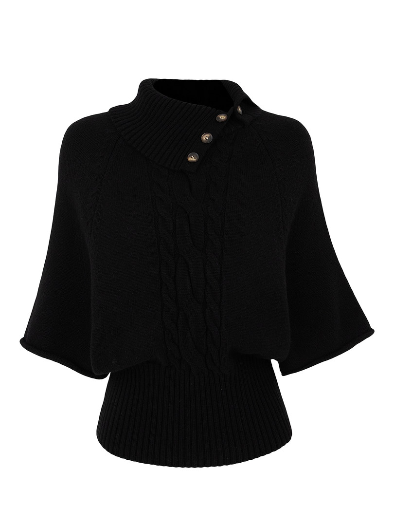 Black cable knit sweater with buttoned collar and bell sleeves on white background