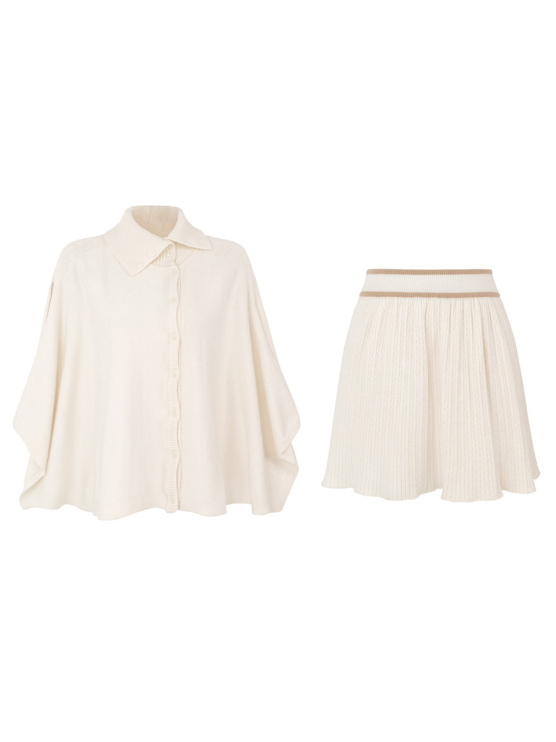 Cream knit button-up top and matching pleated skirt set displayed flat