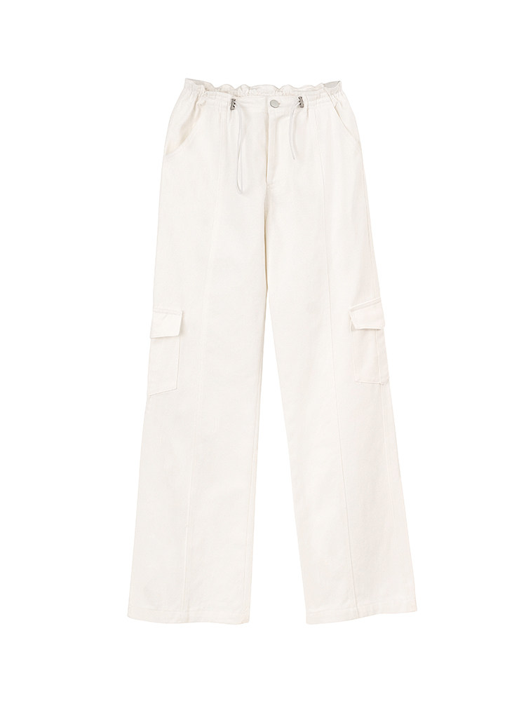 White cargo pants with drawstring waist and side pockets on white background