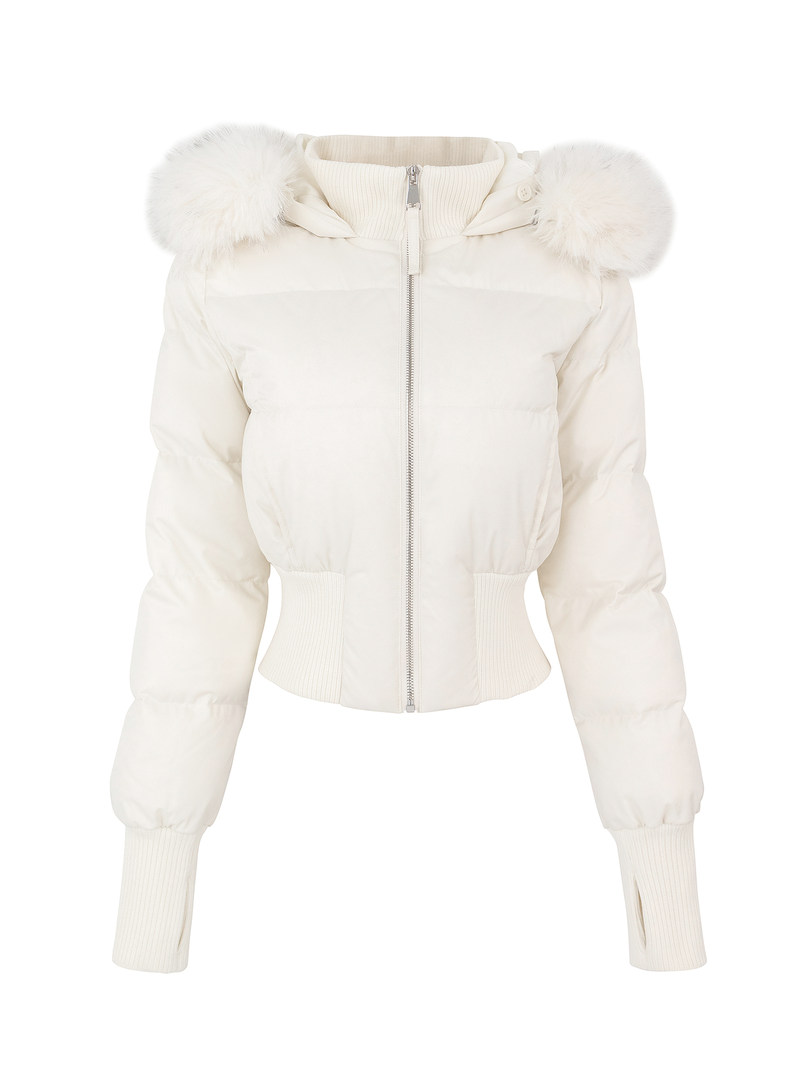 White puffer jacket with fur-lined hood