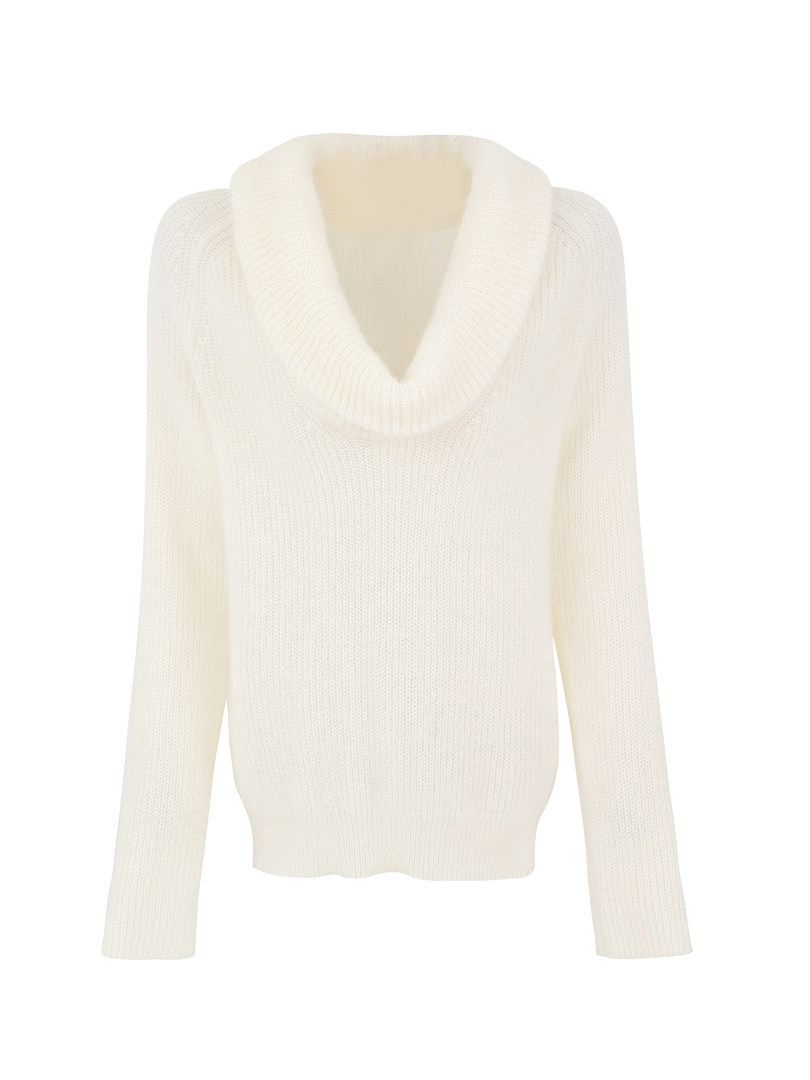 White knitted sweater with a cowl neckline on a plain background