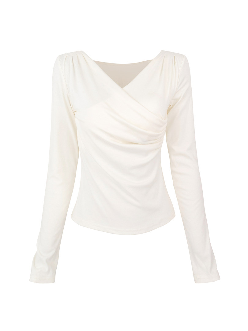 Cream long-sleeve wrap top with V-neck and ruched detail