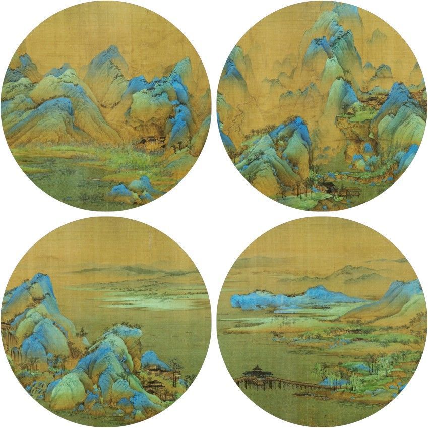 工笔画白描底稿千里江山图局部国画圆形团扇山水线描稿4幅打印稿