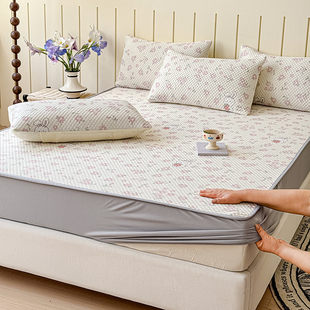 冰豆豆床笠冰丝席印花款床套三件套单双人可机洗可折叠床罩软席子