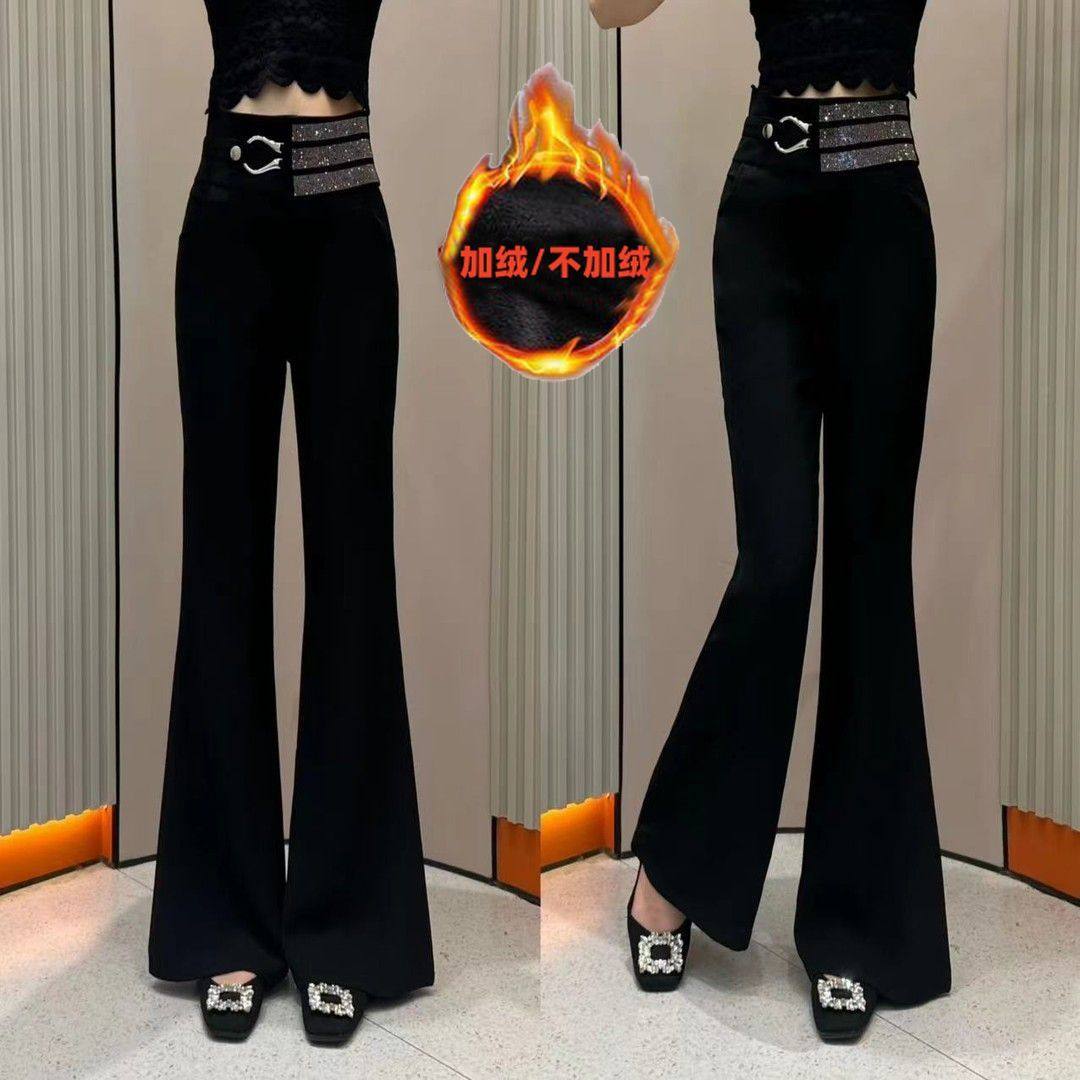 2025秋冬加绒重工高腰仿钻垂感微喇叭裤加厚修身显瘦百搭休闲裤女