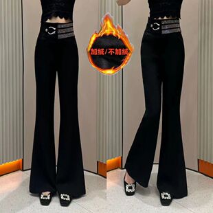 2025秋冬加绒重工高腰仿钻垂感微喇叭裤加厚修身显瘦百搭休闲裤女