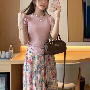 夏季新款时尚纯棉短袖T恤女雪纺碎花半身裙两件套夏装套装上衣女