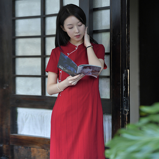 25CXC-186【心远】前世今生复古新中式文雅修身竖条纹送考旗袍