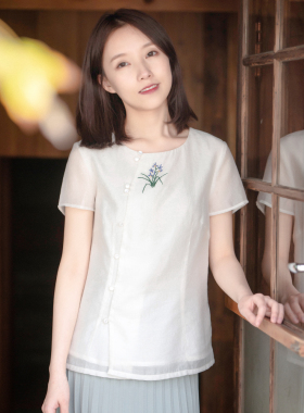 19CXA-132【诗兰】前世今生复古文艺清新圆领偏襟绣花短袖衬衫