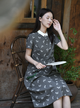 25CXC-311【竹湘】前世今生经典文艺印花格子撞色翻领短袖连衣裙
