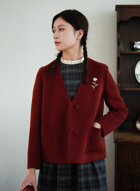 23QDA-409【小枝香】前世今生温婉文艺V领绣花双面呢外套