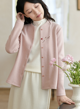 23QDA-348【一树香雪】前世今生复古温婉文艺单排扣绣花针织T恤