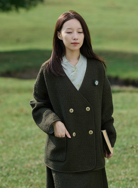25QDA-300【千山月】前世今生复古文艺V领宽松毛呢外套