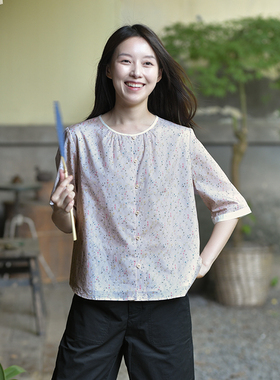 25CXA-377【南风草木】前世今生清爽温婉植物印花圆领衬衫