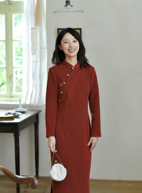 23QDC-347【落梅微香】前世今生复古文艺轻中式绣花立领针织旗袍