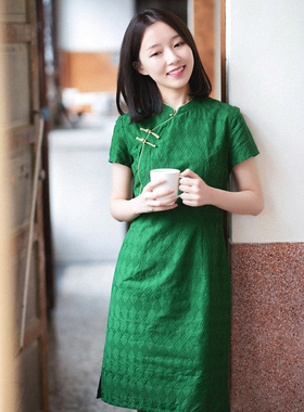 19CXC-185【碧玉】前世今生复古中高考送考斜襟立领绣花棉布旗袍