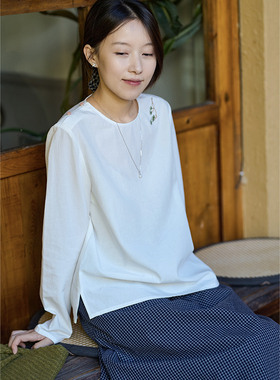 25QDA-051【白云乡】前世今生温婉文艺圆领刺绣长袖直身衬衫