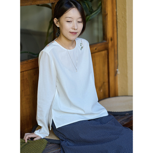 前世今生温婉文艺圆领刺绣长袖 25QDA 051 白云乡 直身衬衫