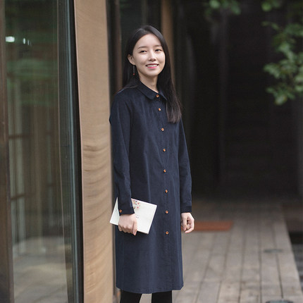 棉灯芯绒复古文艺衬衫式连衣裙