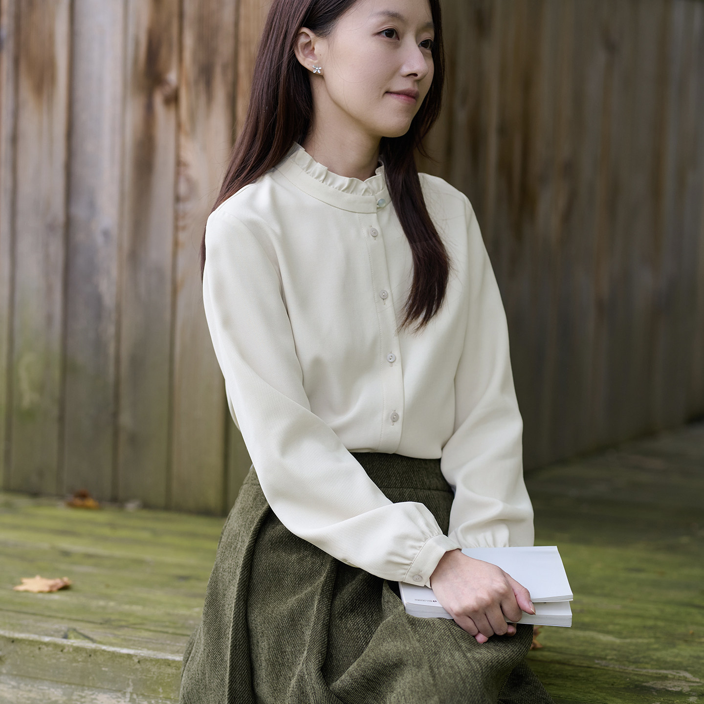 25QDA-274【疏桐芳莲】前世今生复古温婉文艺亚麻木耳边领口衬衫