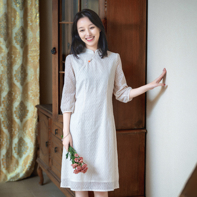 轻中式斜襟立领旗袍裙
